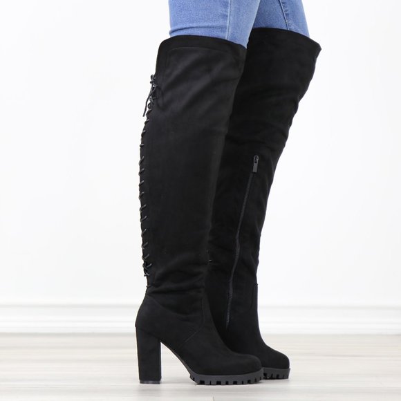 Full Lace-Up Back Black Faux Suede Thigh High Over The Knee Lug Block Heel Boots - Picture 5 of 14